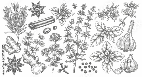 Detailed black and white botanical illustration featuring herbs spices and roots for culinary and