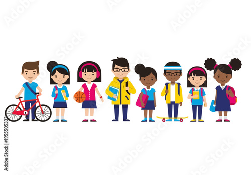 Diverse School Children Characters Set - Multiethnic Students with Backpacks, Bicycle, Skateboard and Books - Education and Back to School Vector Concept