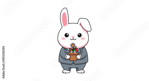 A cute white rabbit in a gray outfit holding a potted plant with green and red leaves against a clean white background.