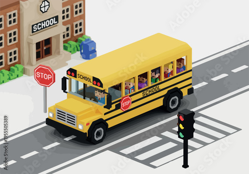 Yellow school bus picking up children from school in front of a building on a street with a stop sign and traffic light