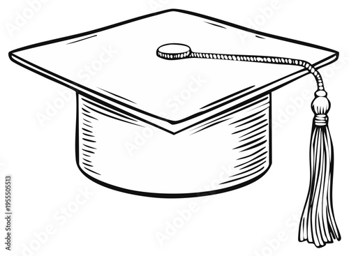 Classic black and white line art illustration of a graduation cap with tassel symbolizing academic achievement and success