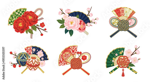 Photos Traditional Japanese New Year Ornament Set with Mizuhiki Knots, Fans, and Floral