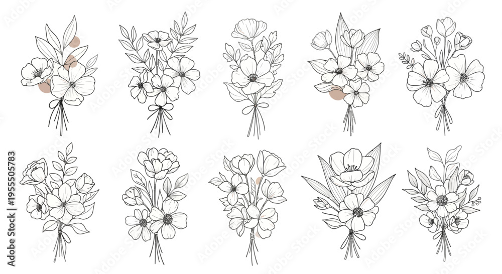 Fototapeta premium Elegant Line Art Floral Illustrations Featuring Various Flower Bouquets for Creative Design