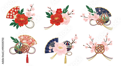 Obraz na płótnie Japanese Traditional Floral Ornaments Set with Peonies, Sakura, Temari Balls, and Mizuhiki Knots