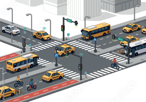 Isometric illustration of a city intersection with autonomous vehicles, buses, taxis, cyclists, and pedestrians, showcasing smart city technology