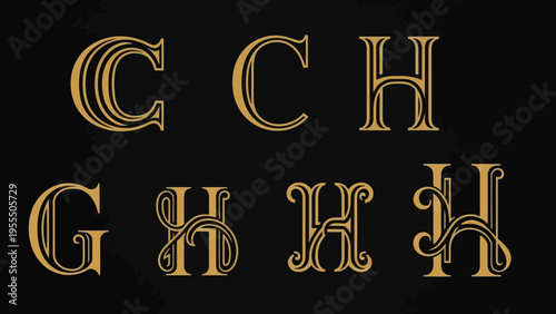 Elegant monogram alphabet letters in gold on a black background showcasing stylish calligraphy and