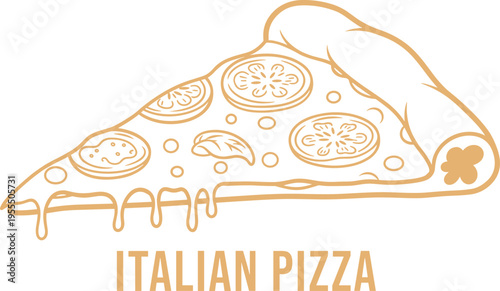 Italian pizza slice line art illustration with dripping cheese and vegetable toppings vector design for restaurant logo fast food menu branding