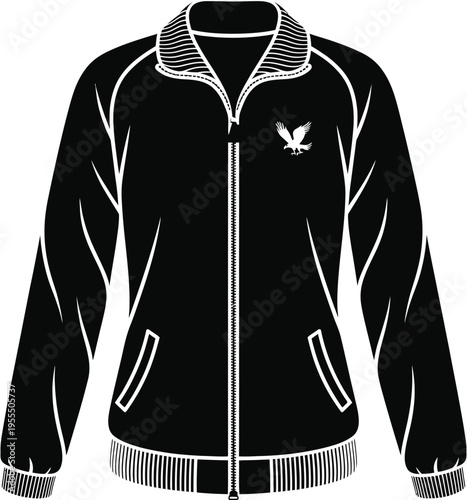 Black athletic zip up track jacket featuring a small white bird logo on the left chest area isolated on white background, Vector, illustration