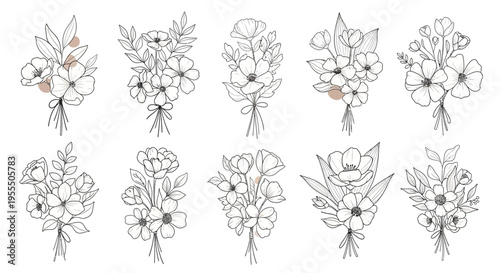 Elegant Line Art Floral Illustrations Featuring Various Flower Bouquets for Creative Design