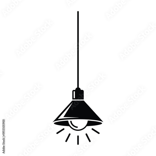 Minimalist black silhouette icon of a modern hanging pendant light fixture with a glowing bulb isolated on white background, Vector, illustration
