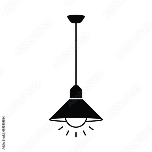 A black silhouette of a modern pendant light fixture hanging from a ceiling mount with a light bulb isolated on white background, Vector, illustration