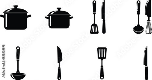 Kitchen cookware and utensil silhouettes collection including cooking pot, ladle, whisk, spatula and knives isolated on white background vector icon set