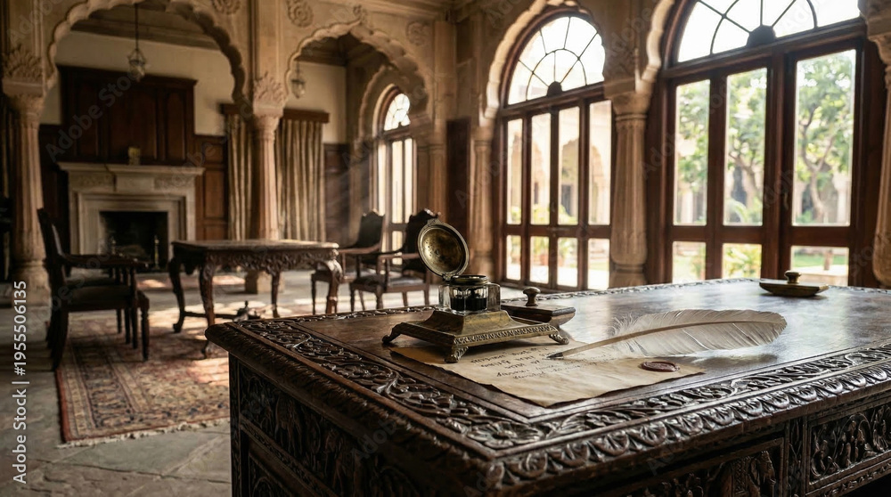 Obraz premium Ornate writing desk with quill pen in colonial Indian hall