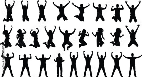 Jumping people silhouettes collection of men and women celebrating success happiness energy dynamic poses isolated vector illustration set