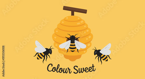 Illustration of a beehive with three bees flying around and the text Colour Sweet for honey lovers