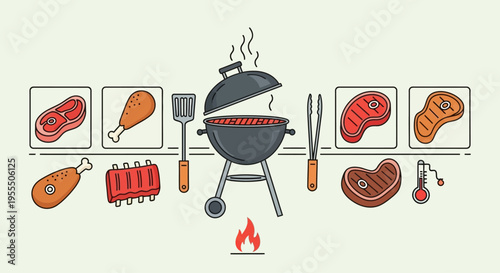 Illustration of a classic barbecue grill surrounded by various types of raw meats and accessories