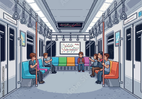 Inside a modern subway train carriage with passengers seated and standing, displaying a route map on the wall