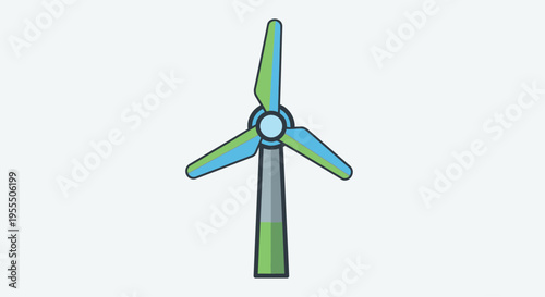 Illustration of a modern wind turbine with three blades in shades of blue and green for renewable