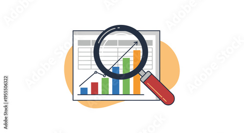 Illustration of data analysis with magnifying glass focusing on growth chart and bar graph