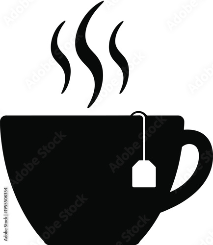 A simple black silhouette icon of a hot cup of tea with a teabag tag hanging from the side rim isolated on white background, Vector, illustration
