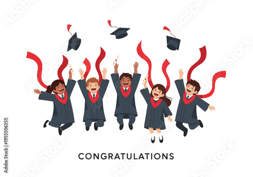 Diverse Group of Happy Children Graduating, Jumping and Throwing Caps in Celebration, Flat Vector Illustration Achievement Concept