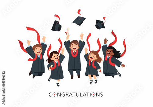 Happy Diverse Children Graduating and Jumping with Joy, Cartoon Kids in Gowns with Caps and Diplomas, School Achievement Illustration with Congratulations