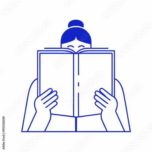 Woman engrossed in reading an open book depicted in a minimalist style