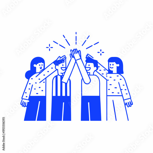 Four people celebrating a success with a high five gesture
