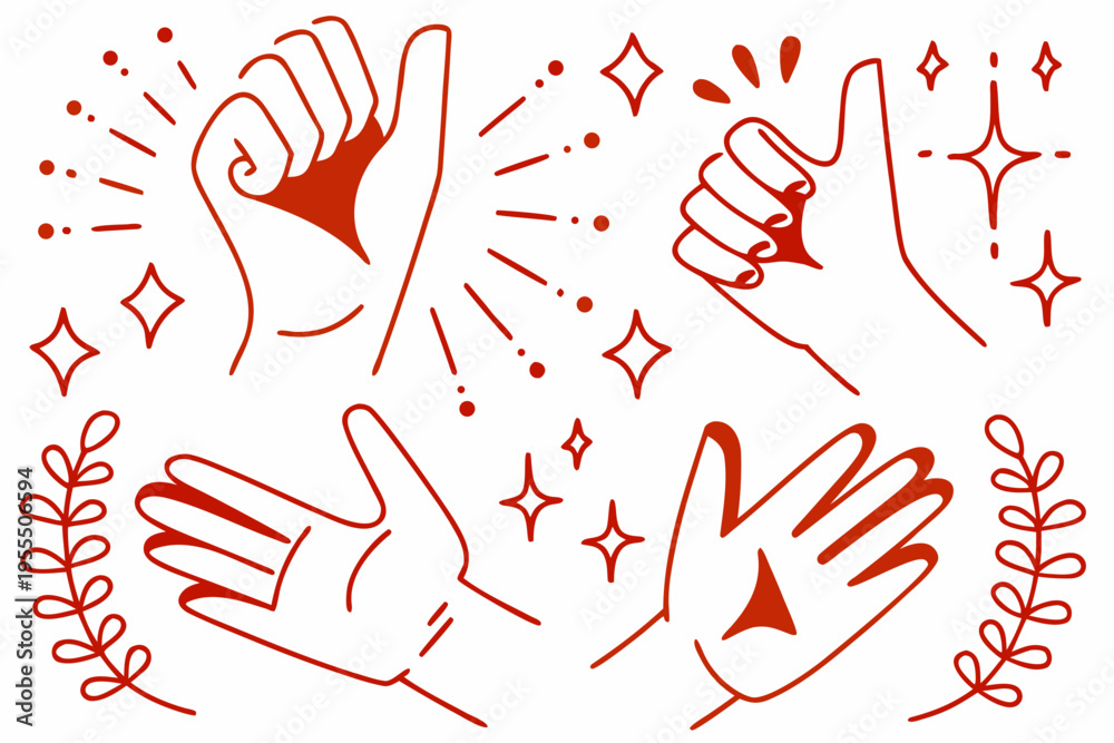 Fototapeta premium Red hand gestures with sparkles and botanical elements on white background