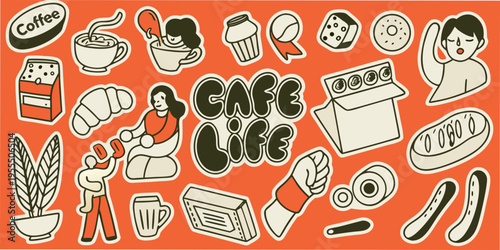 Colorful illustration featuring coffee pastries and people enjoying cafe life