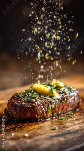 Gourmet Grilled Steak with Melting Herb Butter and Seasoning Action