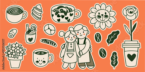 Charming doodle stickers featuring coffee pastries flowers and a couple