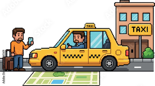 Man hailing a taxi on a city street with a building and a map illustration