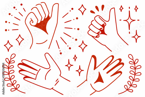 Red hand gestures with sparkles and botanical elements on white background