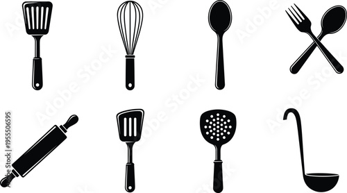 Kitchen Utensil Silhouette Icon Set with Spatula Whisk Spoon Fork Rolling Pin Skimmer and Ladle for Cooking Baking Design