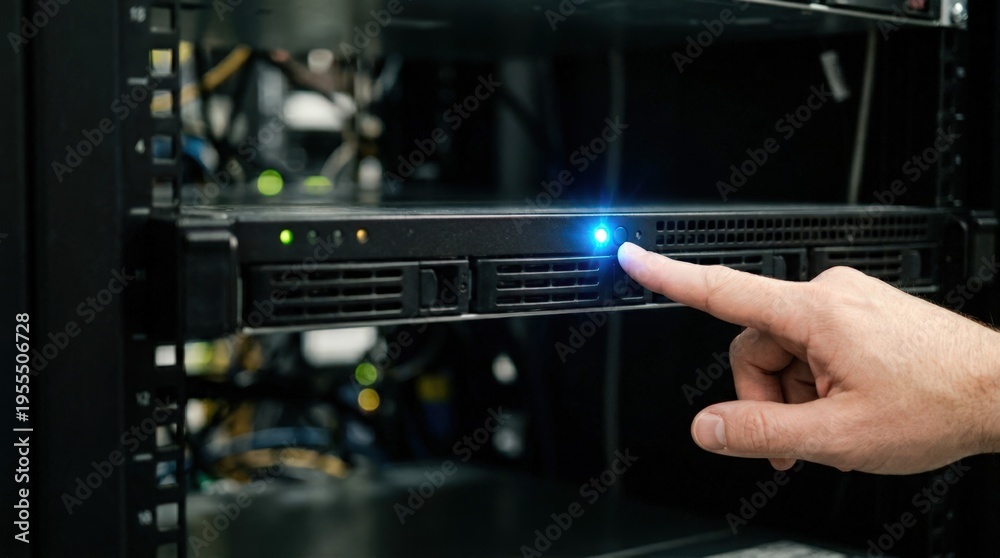 Fototapeta premium An administrator identifies a specific server in a row using a remote signal light. The focus is on the bright blue flash and the responding hand.