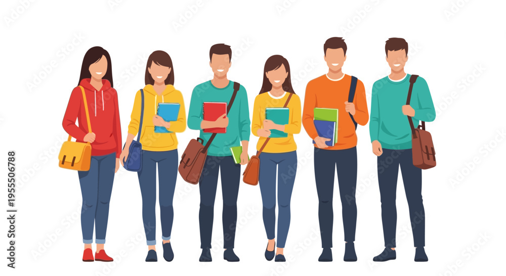 Obraz premium Group of Diverse College Students Standing Together with Books and Bags Flat Vector Illustration for Education and University Concepts