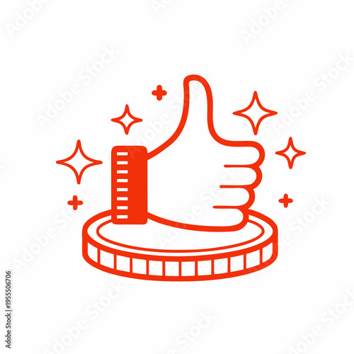 A red thumbs up icon atop a coin with sparkling star embellishments