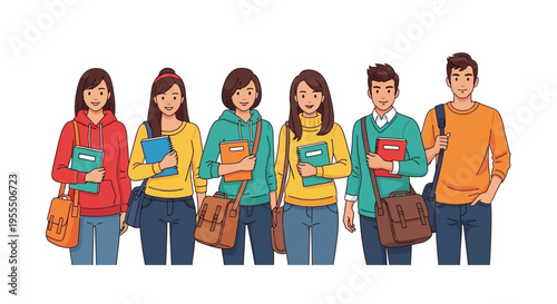 Group of Diverse College Students Standing with Books and Bags Illustration. Young University Friends with Backpacks and Notebooks Isolated on White Background.