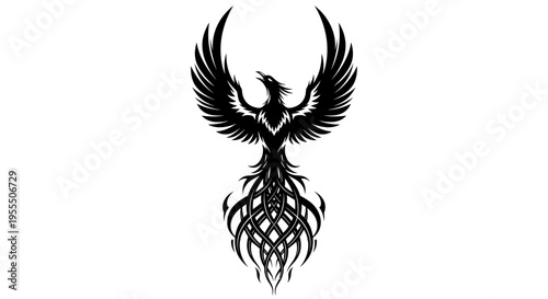 Intricate black silhouette of phoenix with outstretched wings and decorative tail design