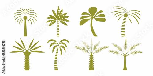 A collection of various green palm tree silhouettes against a white background