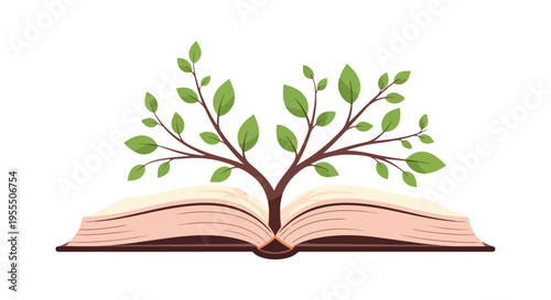 Illustration of an open book with a tree growing out of it on a white background.