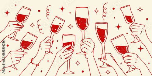A celebratory toast hands raising red wine glasses in a festive scene