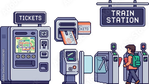 Pixel art collection of train station elements including ticket machines, turnstiles, and a signage indicating the train station