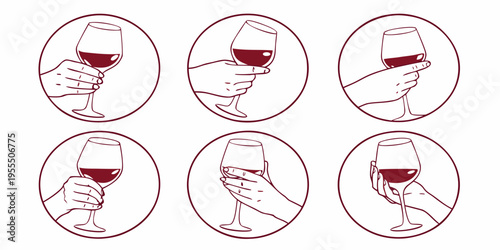 Hands holding wine glasses in various poses within oval frames