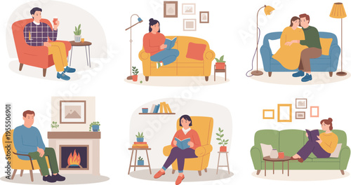Cozy people relaxing at home vector illustration, reading books couples resting warm fireplace hygge lifestyle comfortable interiors