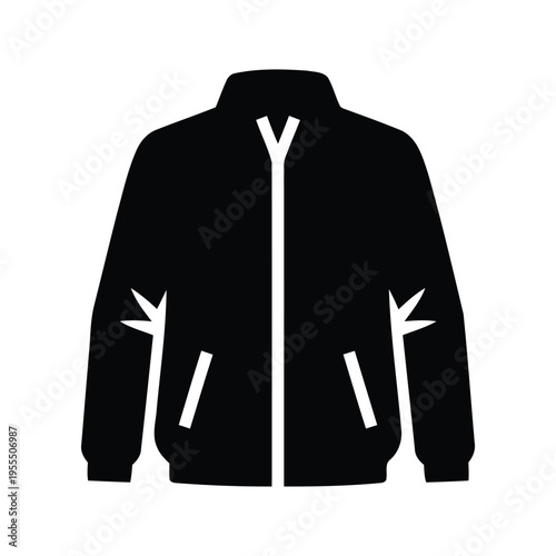 A black silhouette icon representing a casual zip up jacket with long sleeves and front pockets isolated on white background, Vector, illustration