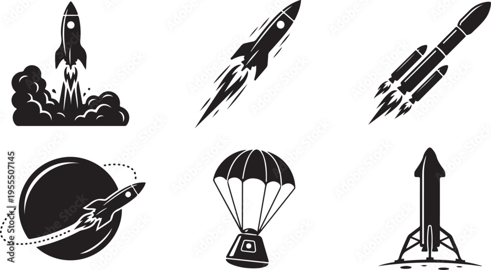 Fototapeta premium A collection of black and white icons related to space and rockets