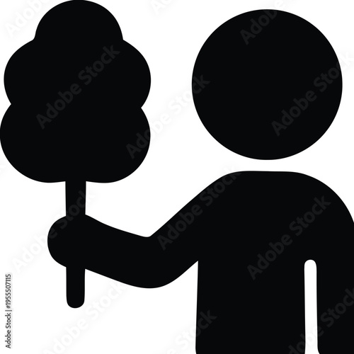 A black silhouette icon representing a child holding a fluffy stick of sweet pink cotton candy isolated on white background, Vector, illustration