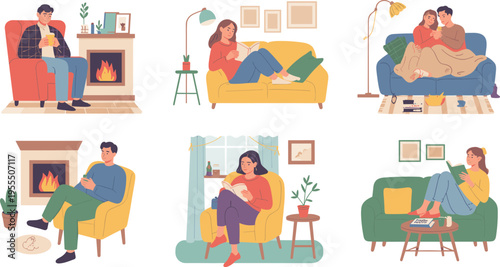 Cozy people relaxing at home vector illustration, reading books drinking coffee warm fireplace hygge lifestyle indoor scenes